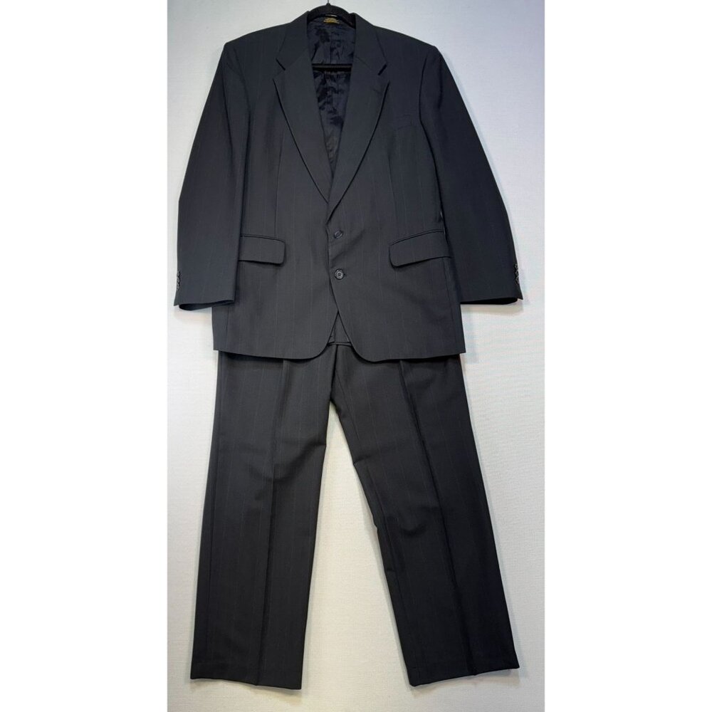 Towncraft Mens 2-Piece Pinstriped Black Suit Set Size 43R Wool Blend
